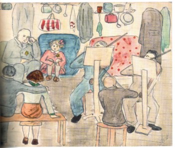 Konzert in der Unterkunft, Zeichnung von Helga Weissova Konzert in der Unterkunft, Zeichnung von Helga Weissova